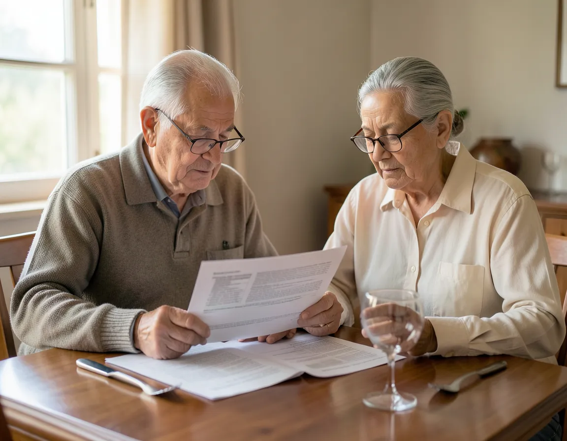 Pareja de adultos mayores revisando los documentos de una póliza de seguro de vida en la mesa del comedor