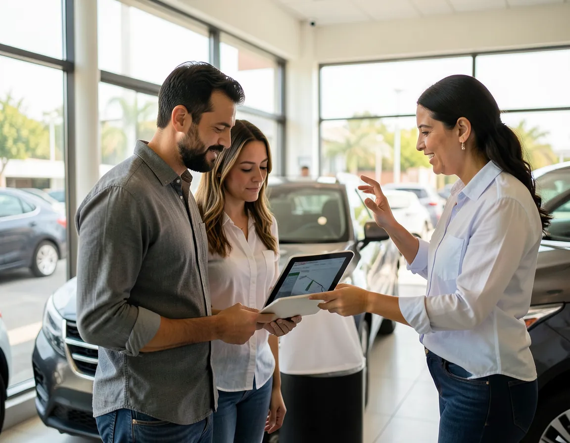 Mujer joven revisando un simulador de crédito automotriz en su laptop desde la cocina de su casa