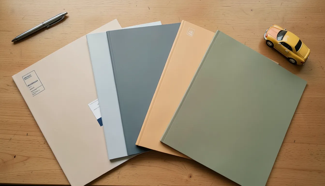 Varias carpetas de pólizas de seguro de auto en colores neutros, comparadas sobre un escritorio junto a un auto de juguete