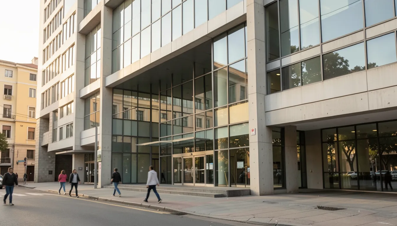 Fachada moderna de un edificio de oficinas gubernamentales de concreto y cristal, con algunas personas caminando a la distancia, relacionado con los trámites de préstamos ISSSTE
