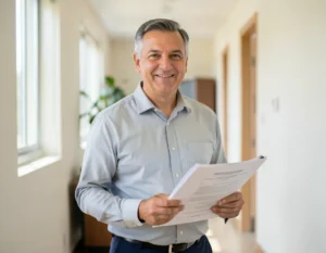 Hombre mexicano sonriente sosteniendo documentos de un trámite de préstamo personal del ISSSTE en un pasillo de oficina