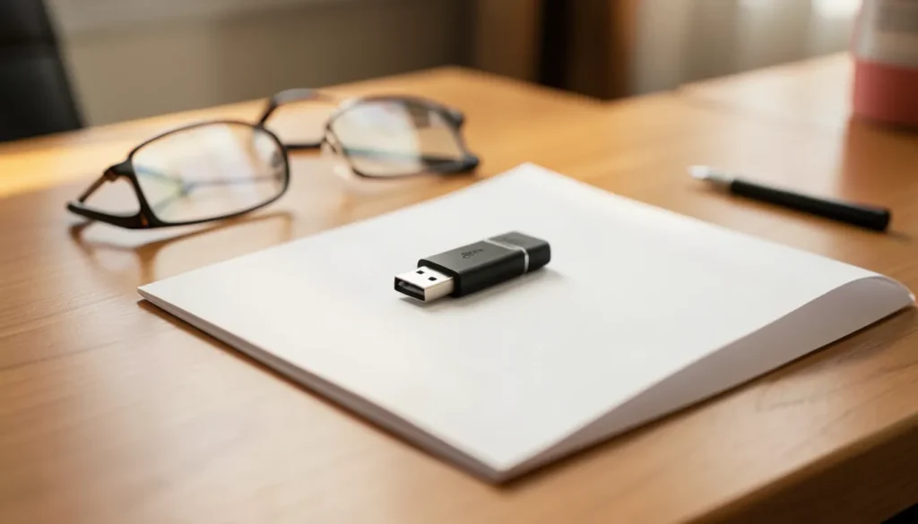 Memoria USB sobre una hoja en blanco junto a lentes de lectura en un escritorio, representando la firma digital de la e.firma del SAT