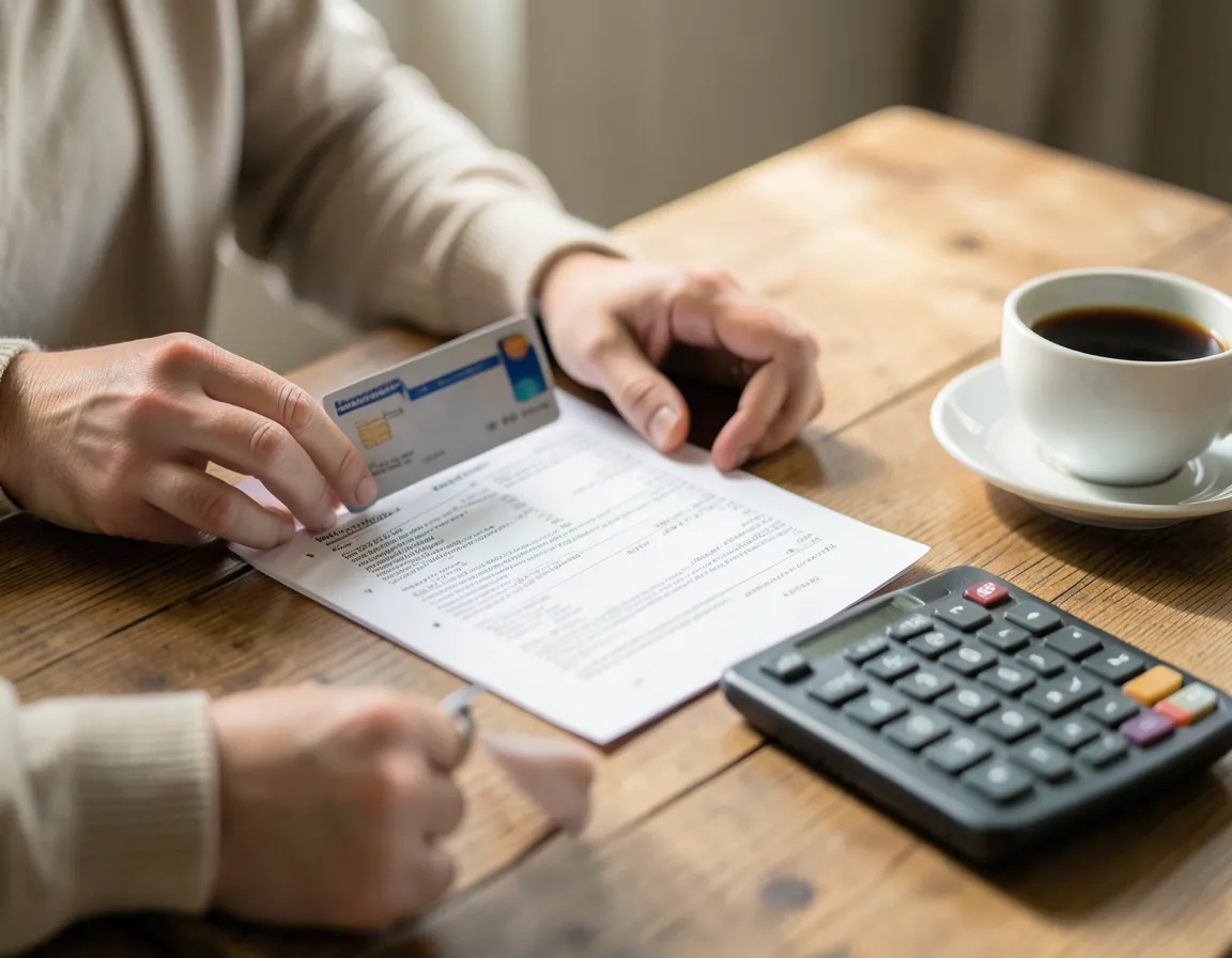 Persona revisando su estado de cuenta y tarjeta de crédito junto a una calculadora en casa