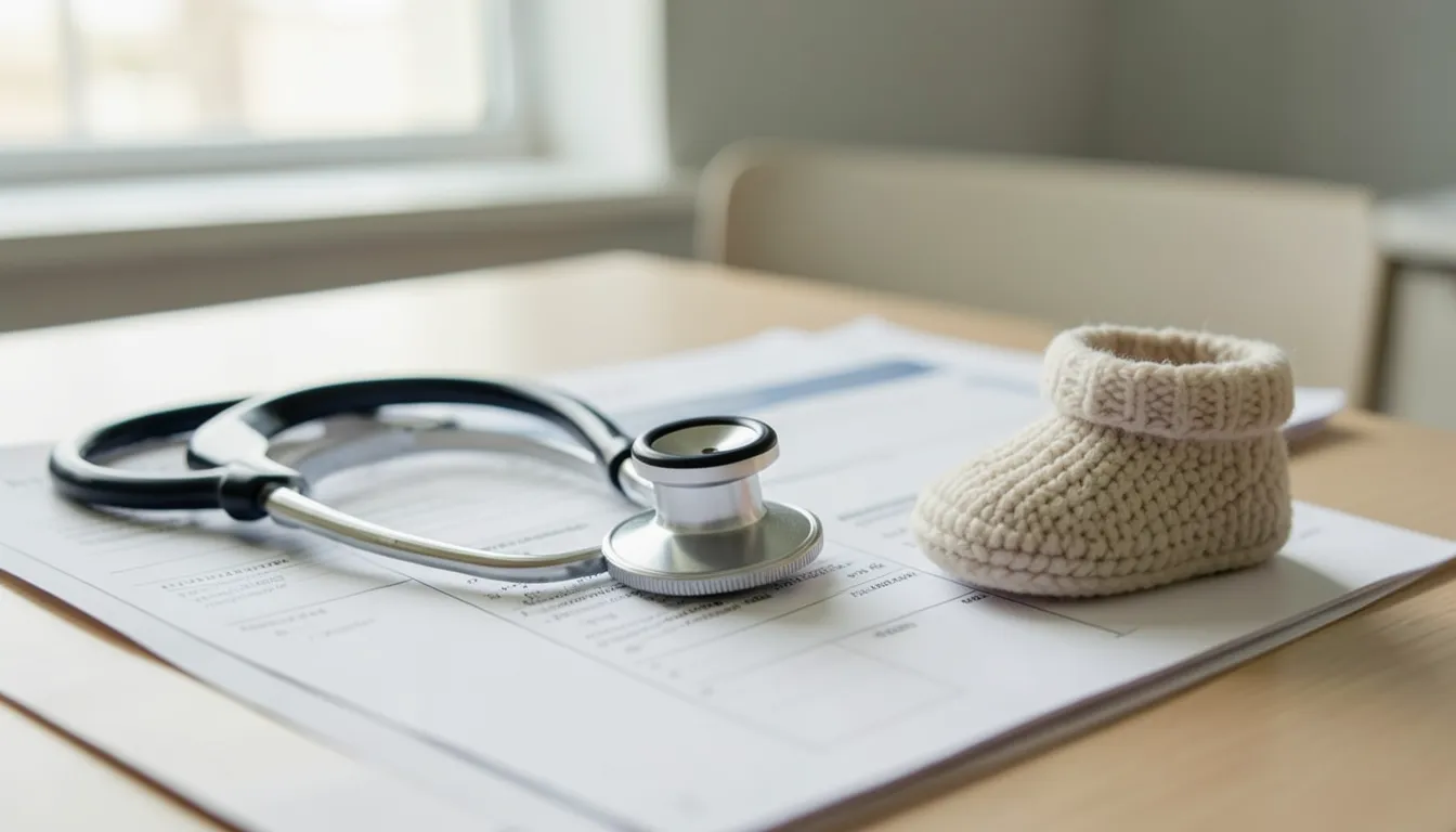 Estetoscopio sobre formularios medicos en blanco junto a un botin tejido de bebe, sobre un escritorio de consultorio