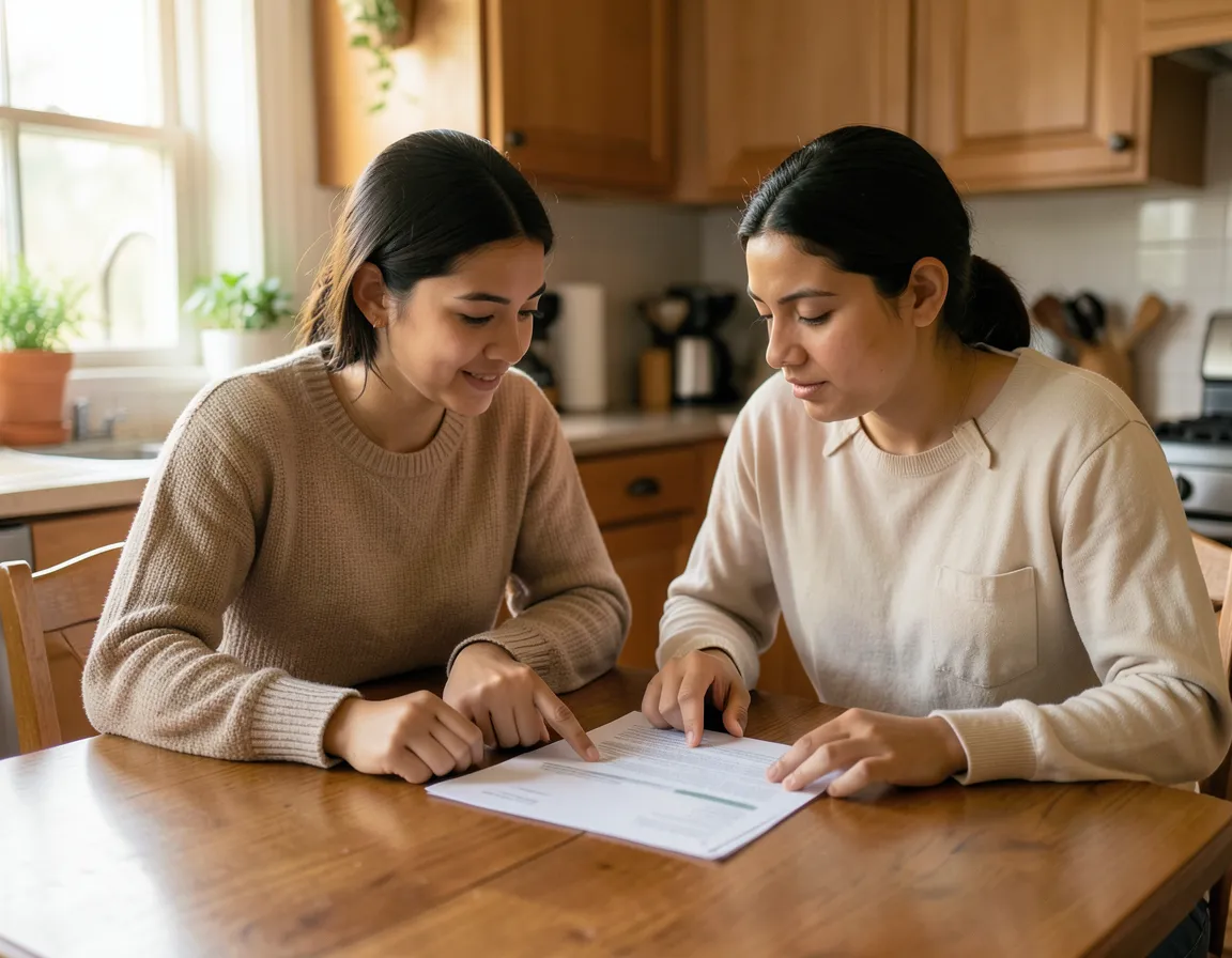 Dos mujeres revisando juntas un documento de seguro de gastos médicos mayores en la mesa de la cocina en México