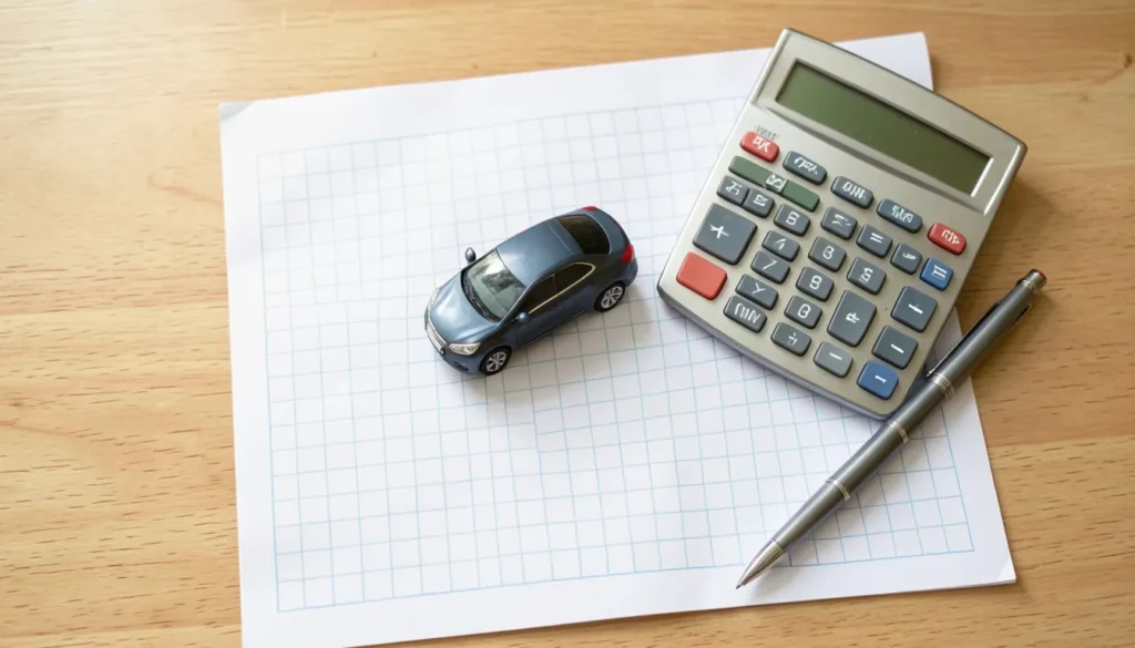 Auto de juguete y calculadora sobre una hoja cuadriculada en blanco, representando el uso de un simulador de crédito automotriz
