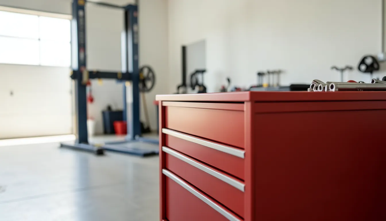 Taller mecánico limpio con gabinete de herramientas rojo y elevador de auto vacío al fondo
