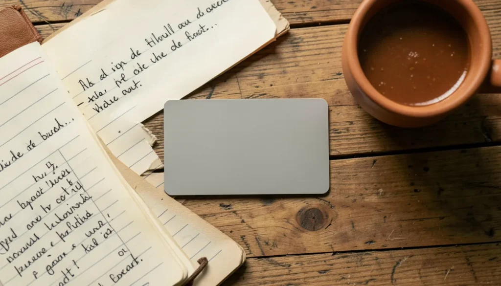 Tarjeta de crédito genérica junto a una libreta de presupuesto y una taza de café de olla sobre una mesa de madera