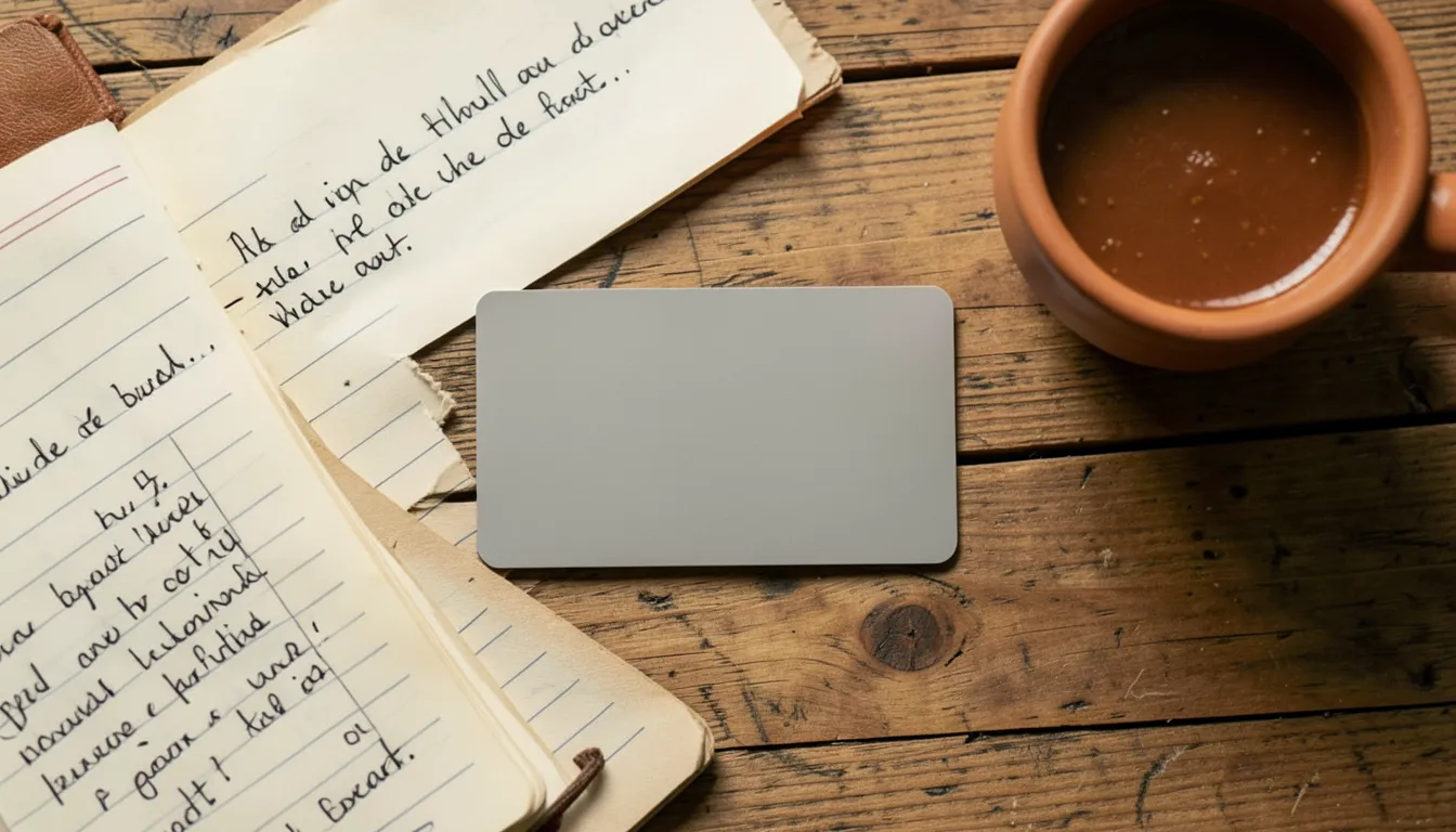 Tarjeta de crédito genérica junto a una libreta de presupuesto y una taza de café de olla sobre una mesa de madera