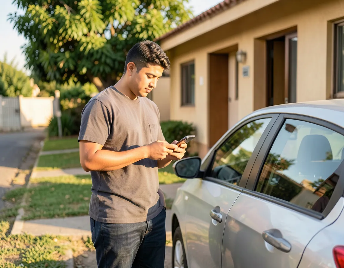 Joven revisando en su teléfono el calendario y los requisitos de verificación vehicular junto a su auto