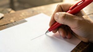 Mano sosteniendo un bolígrafo rojo a punto de subrayar una línea en una hoja en blanco, representando cómo leer el reporte línea por línea