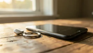 Llavero token de seguridad junto a un celular con la pantalla apagada sobre una mesa de madera, representando la e.firma portable del SAT