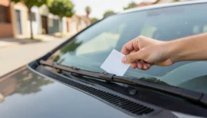 Mano colocando una papeleta en blanco bajo el limpiaparabrisas de un auto por no haber verificado a tiempo