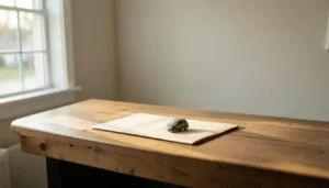Carpeta en blanco con un carrito de juguete sobre un mostrador de madera, representando un trámite de seguro de auto