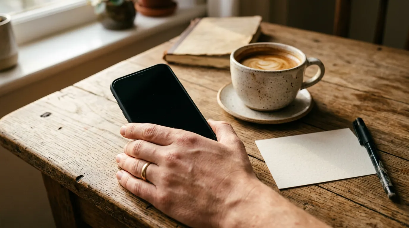 Persona sosteniendo un celular con la pantalla apagada junto a una hoja en blanco y un café