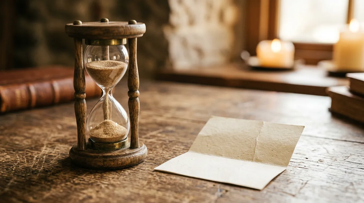 Reloj de arena sobre un escritorio de madera junto a una hoja en blanco
