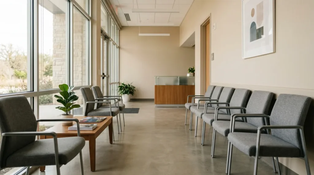 Sala de espera vacía con sillas grises en una oficina moderna, sin personas