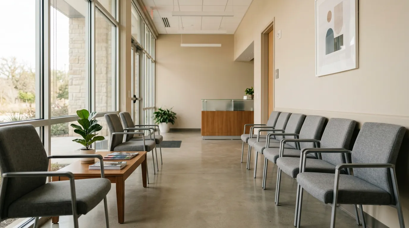 Sala de espera vacía con sillas grises en una oficina moderna, sin personas
