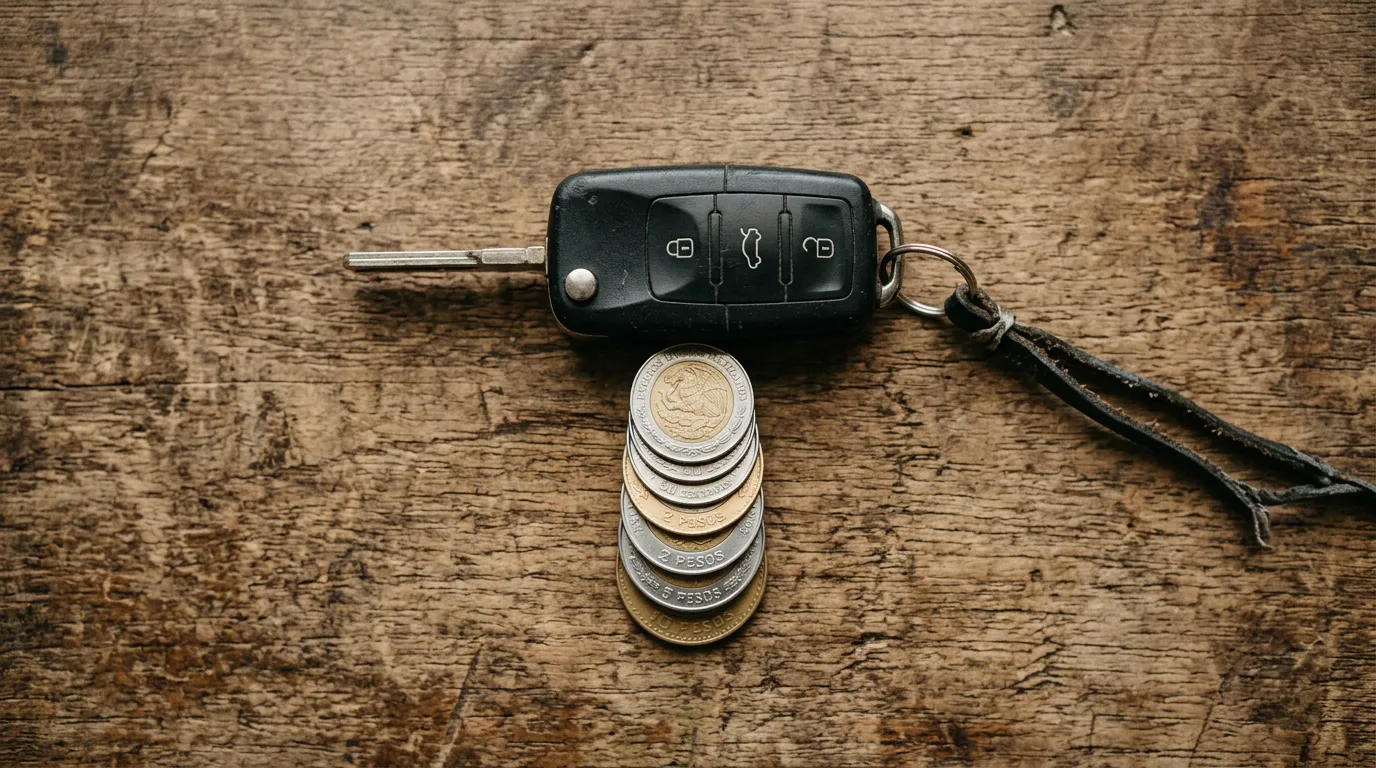 Llave de auto sobre una pequeña pila de monedas mexicanas en una mesa de madera