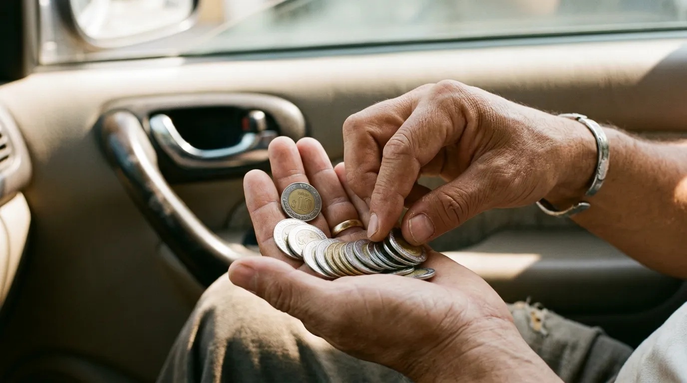 Dos manos intercambiando una pequeña pila de monedas mexicanas, con una manija de puerta de auto desenfocada al fondo