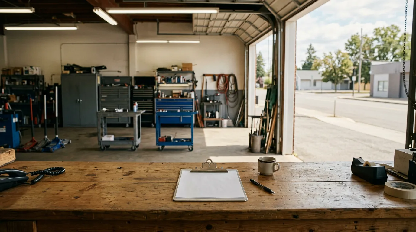 Mostrador vacío de un taller de hojalatería y pintura con un clipboard en blanco y una pluma, sin autos ni personas