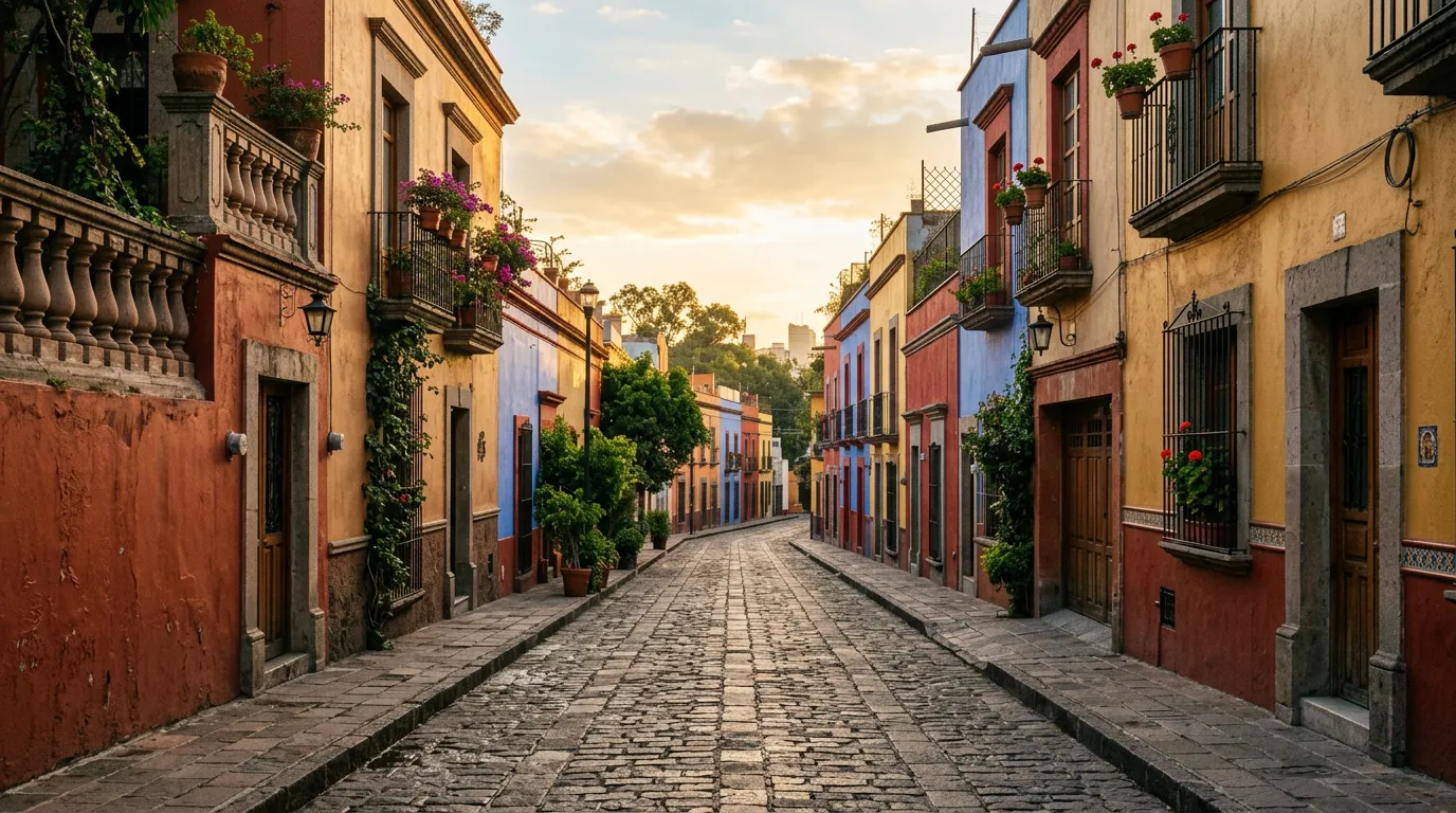Calle residencial tranquila en México por la mañana, sin autos circulando