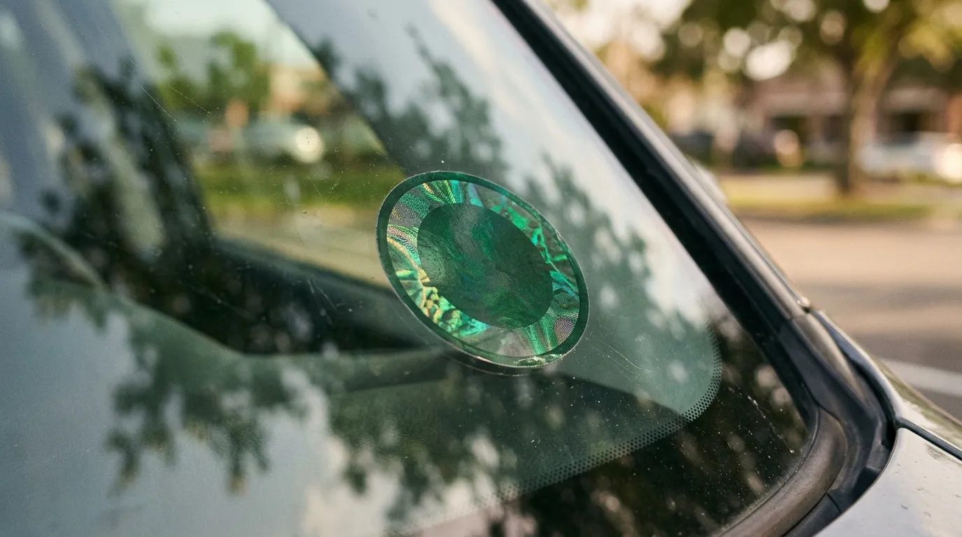 Macro de un holograma verde de circulación en la esquina del parabrisas de un auto