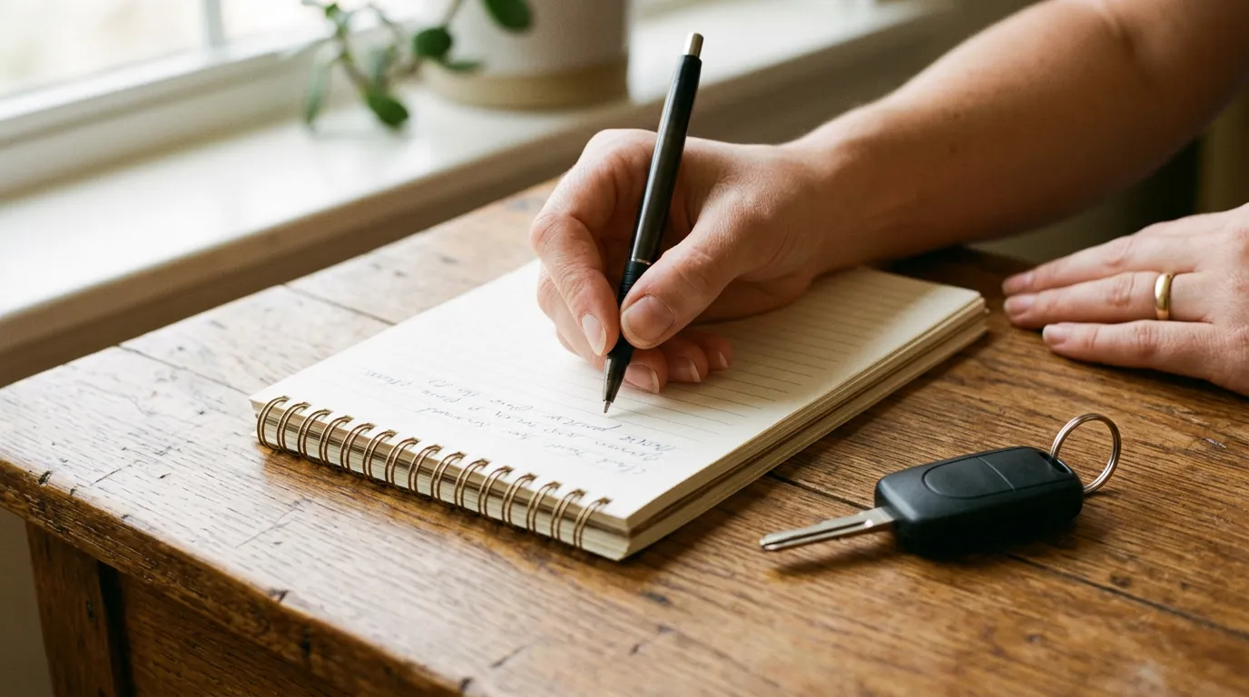 Mano anotando en una libreta en blanco junto a una llave de auto sobre un escritorio de madera, luz suave de mañana