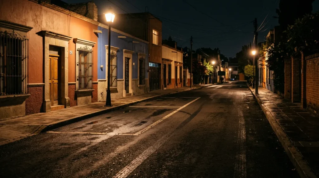 Calle residencial vacía de noche con marcas de llantas en el pavimento, sin ningún auto presente