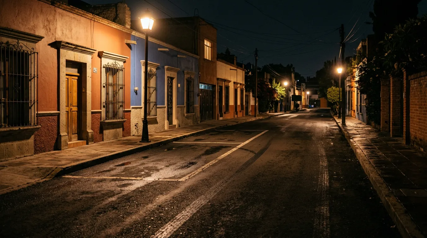 Calle residencial vacía de noche con marcas de llantas en el pavimento, sin ningún auto presente