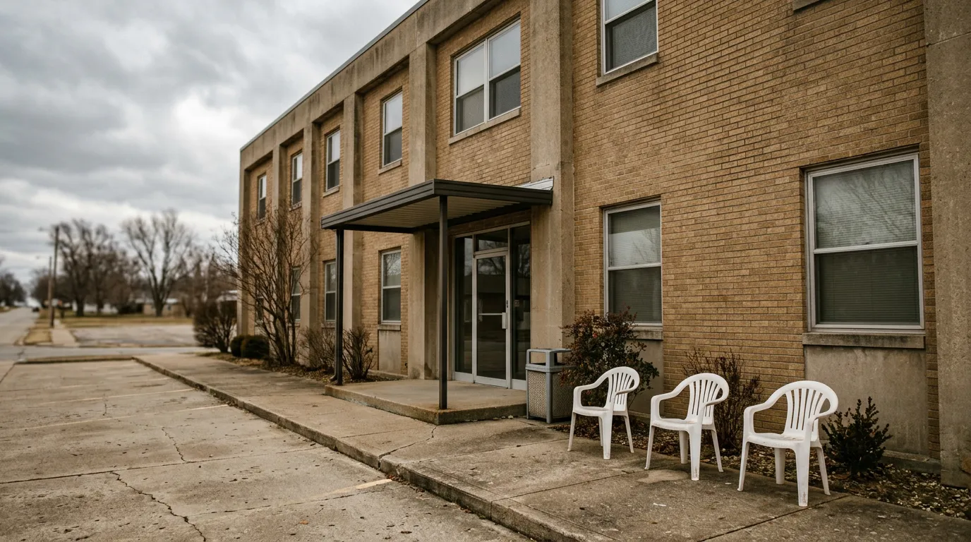 Fachada de un edificio de gobierno con un toldo sencillo y sillas vacías afuera, en un día nublado