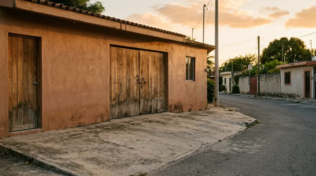 Cochera cerrada de una casa mexicana al atardecer, cajón vacío