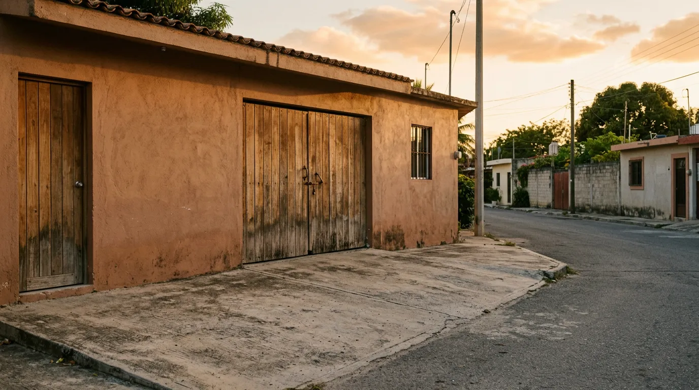 Cochera cerrada de una casa mexicana al atardecer, cajón vacío
