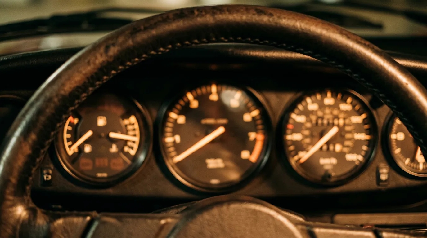 Tablero de un auto visto a través del volante, con el velocímetro como referencia al kilometraje recorrido